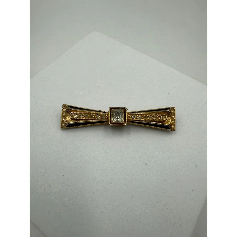Vintage Gold‎ Tone Art Deco Bow Brooch Black Enamel Crystal Rhinestone Bar Pin